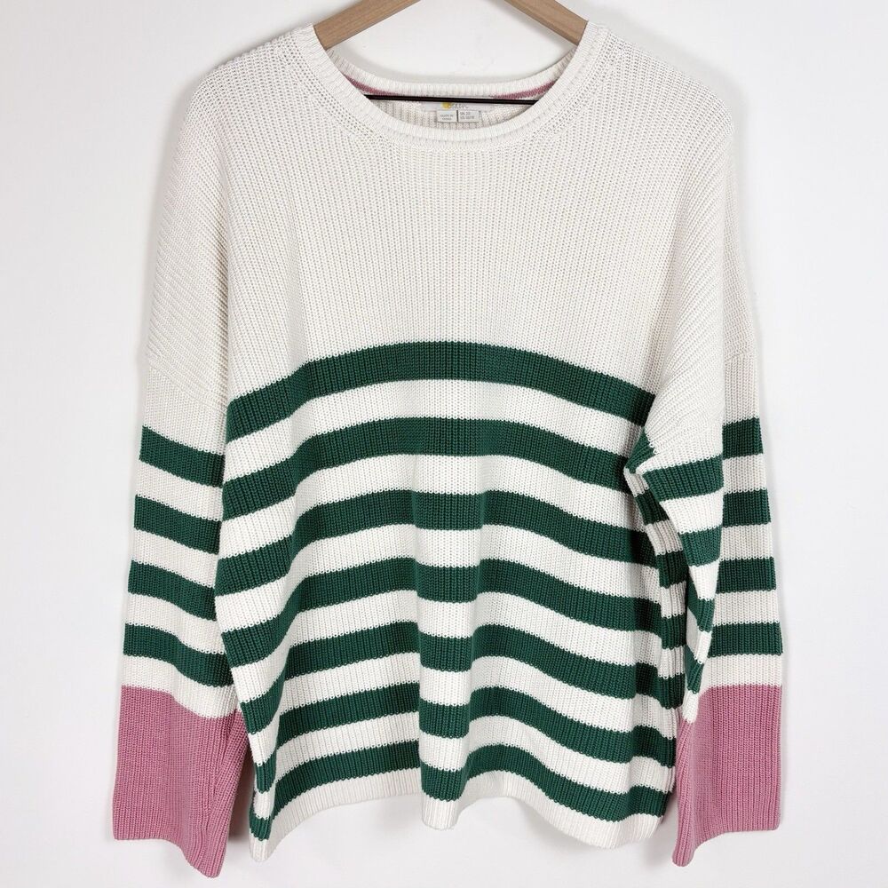 Boden Lucy Relaxed Knit Crew Sweater (Sz 16/18) 100% Cotton Striped Boxy Chunky
